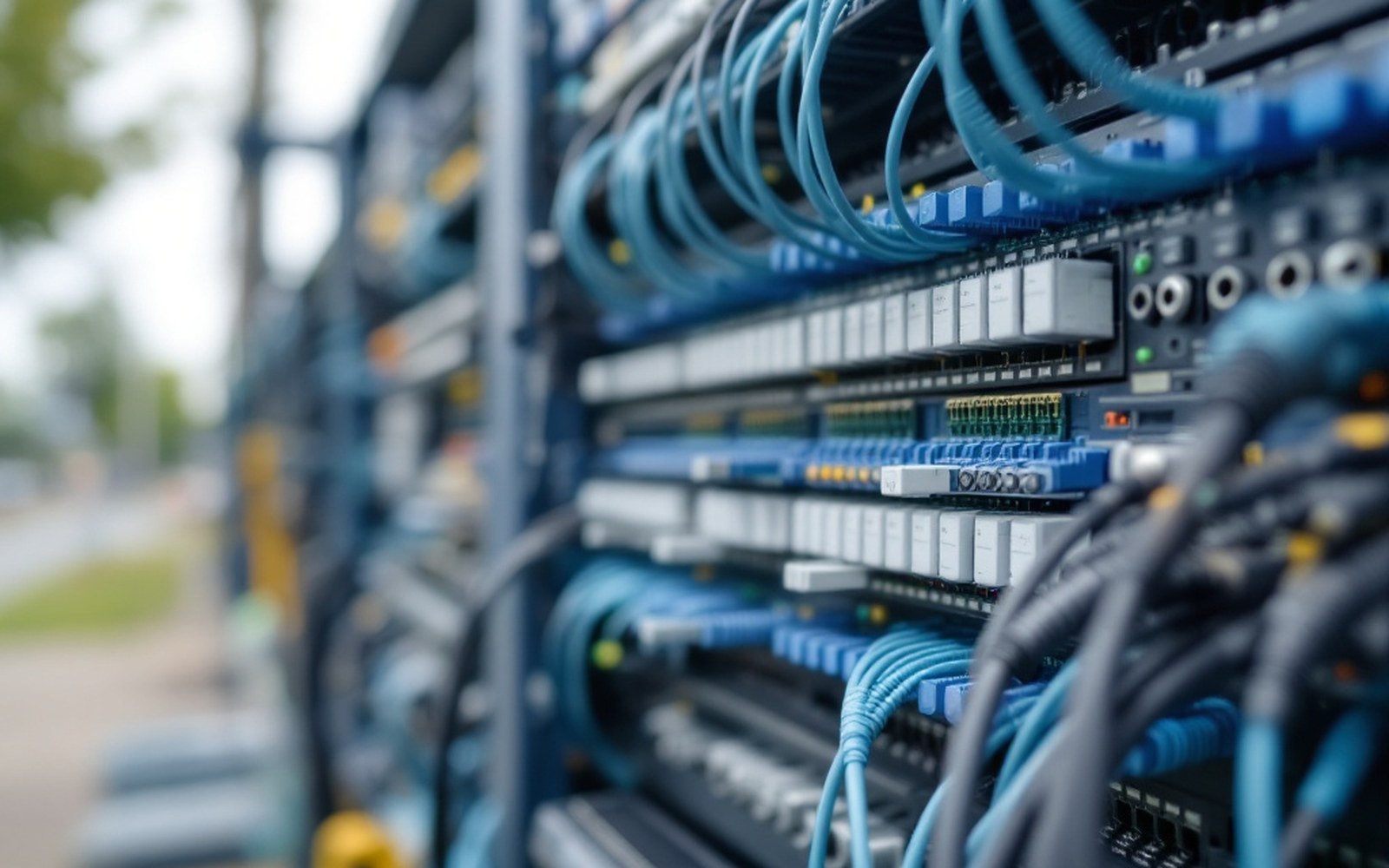 A headend rack of optical line terminals with patch fibre
