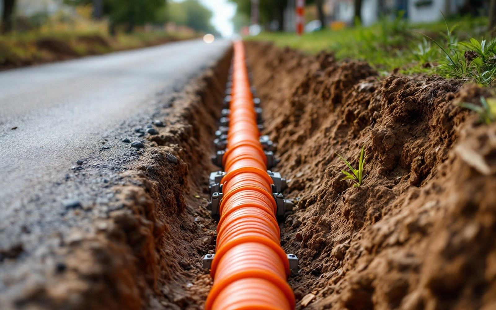 An orange duct being laid in a trench down a rural road