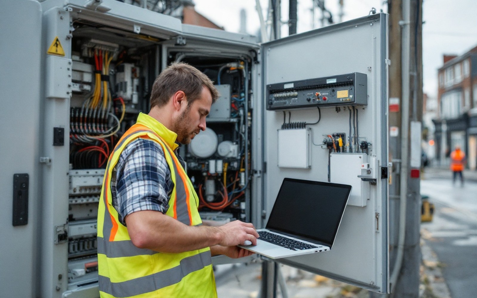 A technician at a kerbside cabinet with a laptop on the lid