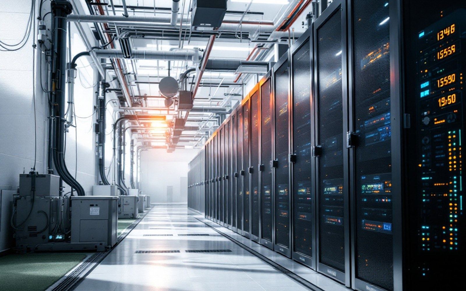 A row of racks in a colocation hall with fibre trunking overhead