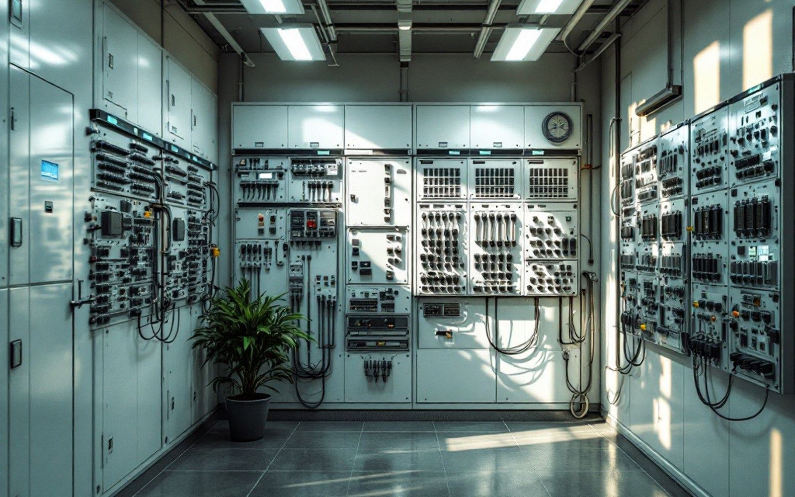 A meet-me room with cross-connect panels on both walls