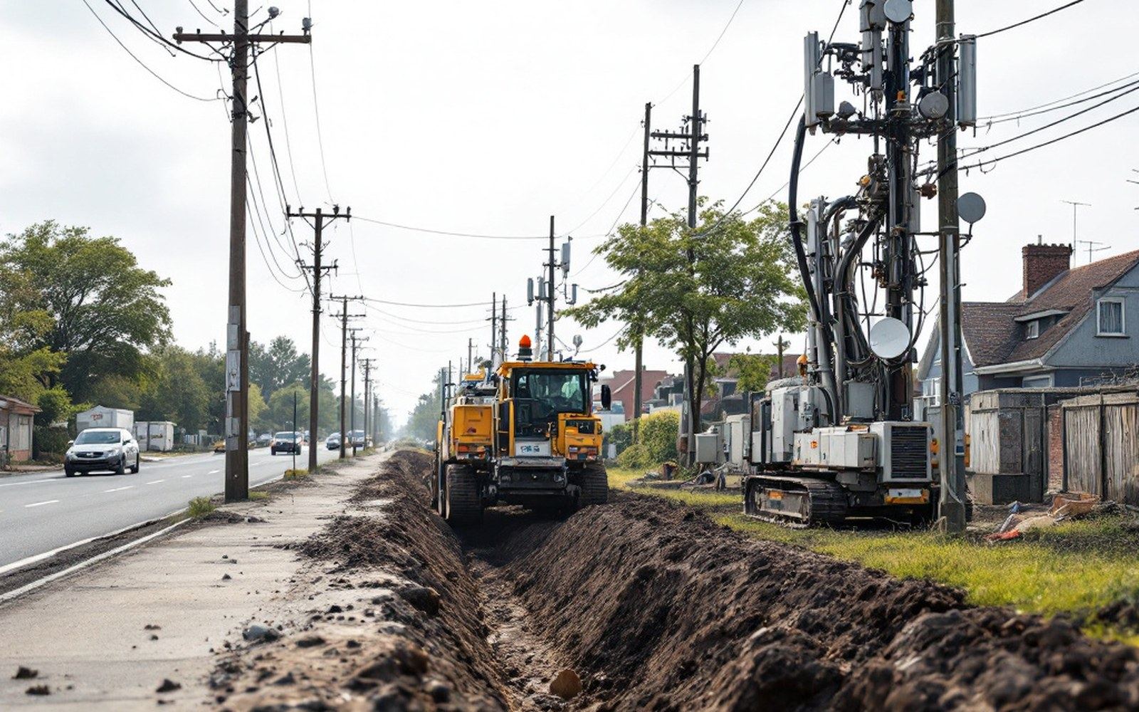 A trenching machine working along a verge beside a road