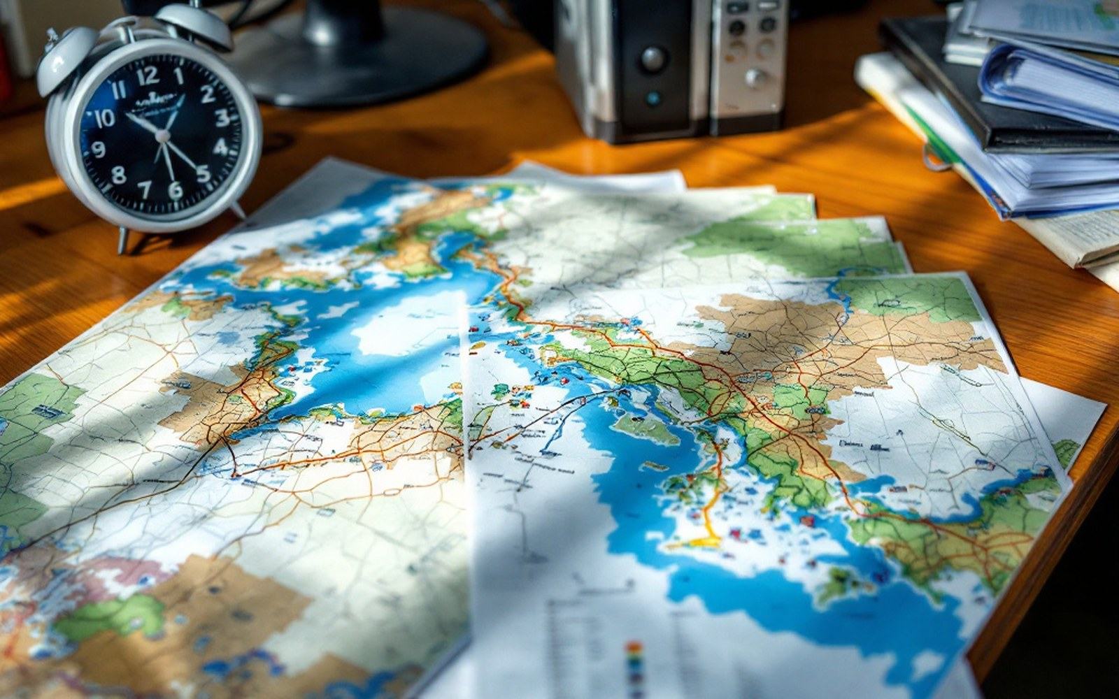 A county office desk with printed maps spread across it